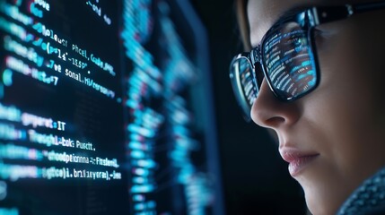 Software coding hologram and woman in data analytics information technology and gdpr overlay Programmer or IT person in glasses reading script programming and cybersecurity research on : Generative AI