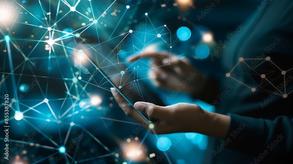 Aufkleber Global internet network connection global business internet of thing concept Business man using digital tablet social networking digital marketing internet technology futuristic tech b : Generative AI