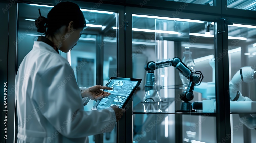 Aufkleber scientist with tablet pc examining robotic arm in glass cabinet : generative ai