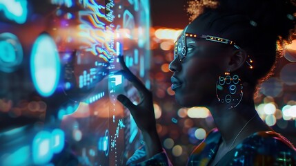 Young black woman operating holographic screen and global communication network concept Wide angle visual for banners or advertisements : Generative AI