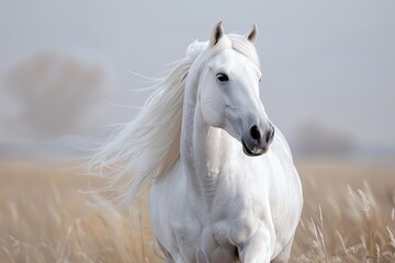 Obraz premium A white horse is running through a field of tall grass. The horse's mane is flowing in the wind, and it has a peaceful and serene expression on its face. Concept of freedom and tranquility