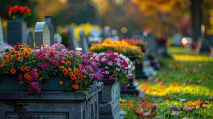 A cemetery with a row of colorful flower pots. The flowers are in various colors and are arranged in a neat row. The scene is peaceful and serene