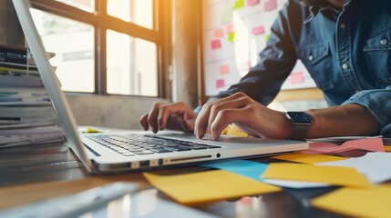 Business developer using Kanban board framework on laptop computer Agile software development lean project management tool project management business development concept : Generative AI