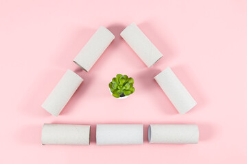 Toilet paper rolls are arranged in a triangle with a flower on a pink background.