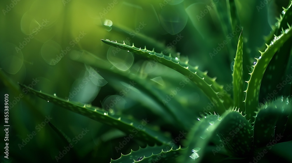 Poster Aloe Vera isolate on bokeh background Macro detailed image tree leaf : Generative AI