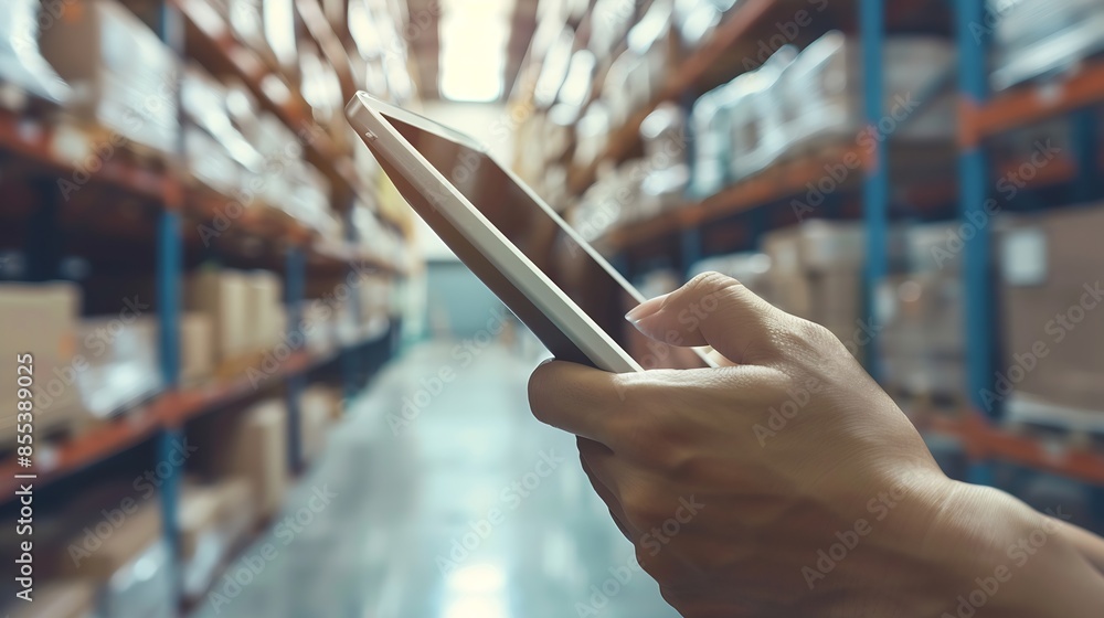 Aufkleber business logistics technology conceptman hands using tablet on blurred warehouse as background : gen