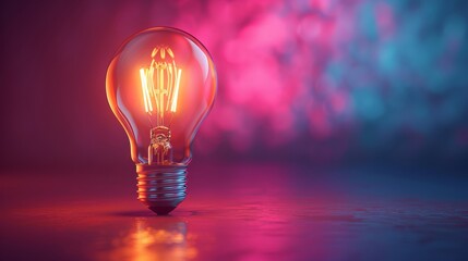 Illuminated light bulb on vibrant pink and blue background, close-up. Innovation and creativity concept