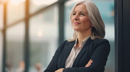 Happy mature business woman leader standing in office looking away Smiling confident older middle aged professional lady corporate leader senior female executive or entrepreneur portra : Generative AI