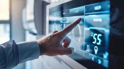 HVAC  Heating Ventilation Air Conditioning Concept Businessman touching on virtual screen and presses HVAC button Use of various technologies to control the temperature humidity and pu : Generative AI