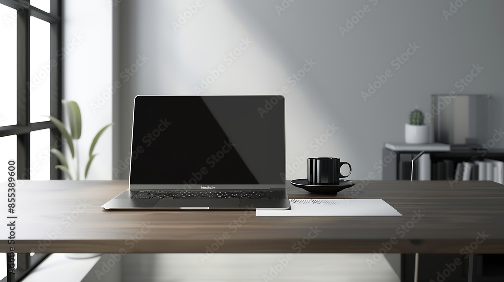 Poster minimalist office desk setup featuring a sleek laptop a cup of coffee and neatly arranged work docum