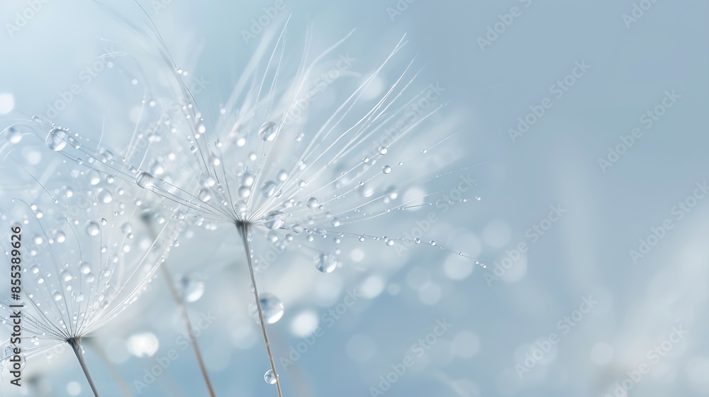 Fototapete Beautiful dew drops on a dandelion seed macro Beautiful soft blue background Water drops on a parachutes dandelion Copy space soft focus on water droplets circular shape abstract backg : Generative AI