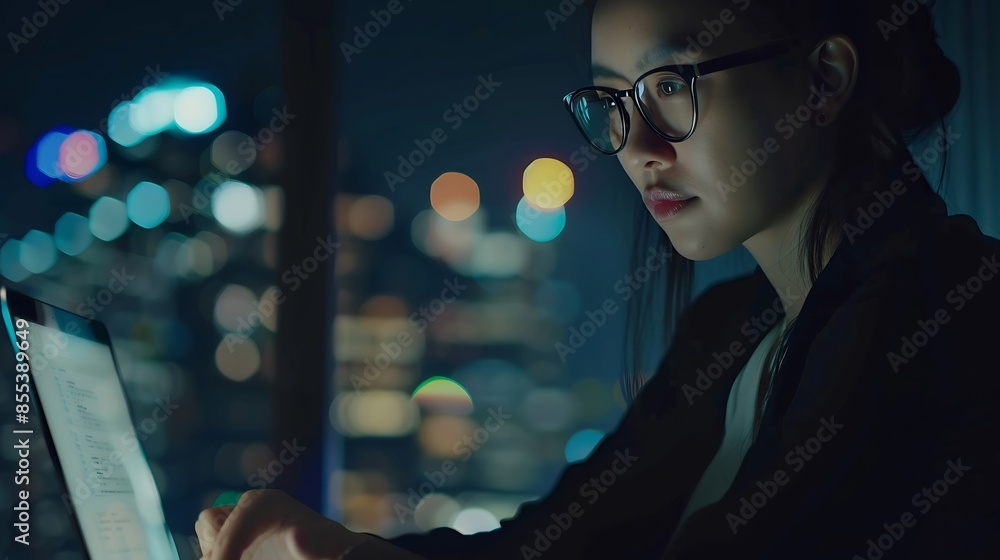 Aufkleber business woman laptop and working on seo research internet and content creation for website ux devel