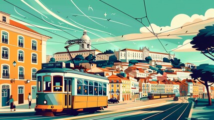 Obraz premium Vintage travel illustration showcasing Lisbon, Portugal.