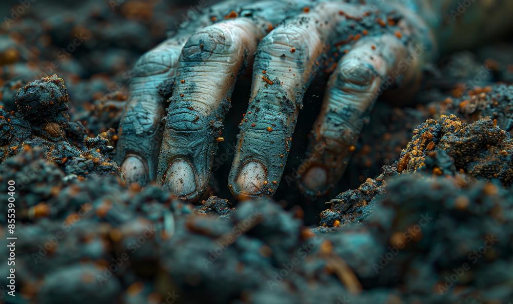 Poster a decaying hand breaking through the soil of a grave. concept of resurrection and dread. generative 