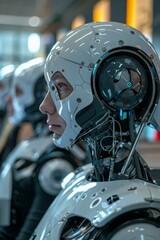 Fototapeta premium Future of Work: AI Robots in Office, One Robot Making Eye Contact, Concept of Artificial Intelligence and Robotization Impact on Employment