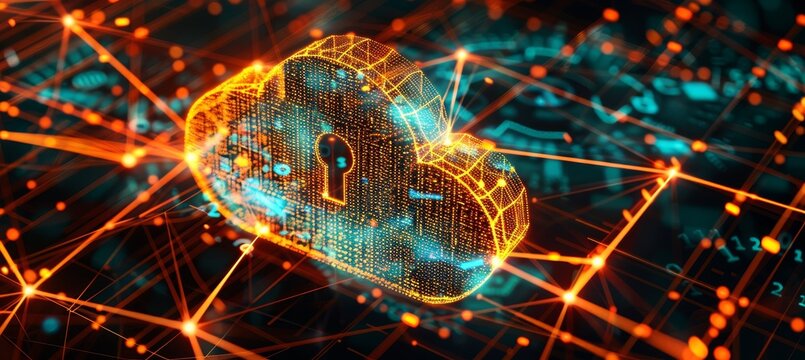Secure cloud concept  lock icon in translucent cloud on neon digital grid with abstract lines