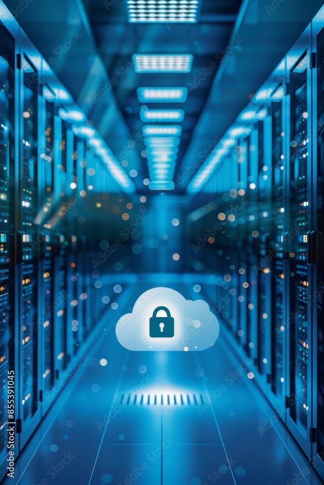 Poster golden lock symbol in white cloud in server room with flashing blue lights for secure data
