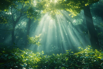 Obraz premium A dense forest canopy with sunlight filtering through the leaves. Concept of peace and nature. Generative Ai.