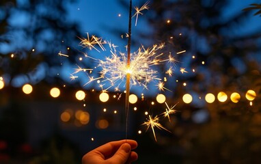 Lighting sparklers at dusk close up, celebration theme, vibrant, silhouette, backyard