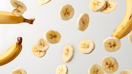 Flying banana slices, isolated on white background. 