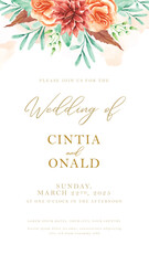 wedding invitation card with arrangement of florals watercolor background