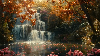 Naklejka premium Fantasy Waterfall with Autumn Trees and Beautiful Flowers: Idyllic Landscape