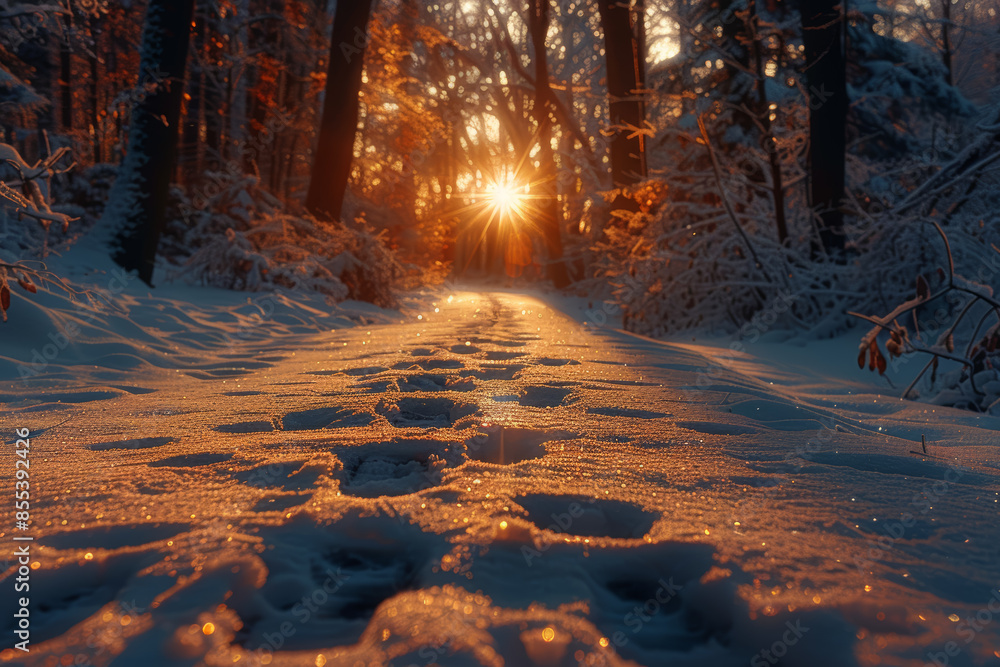 Poster a snowy forest path with footprints leading into the distance. concept of journey and winter. genera