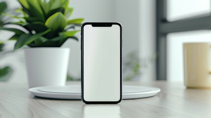 A white Phone is sitting on a table next to a potted plant, mockup