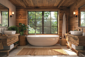 Fototapeta premium Wooden Bathroom with Bathtub and Two Sinks