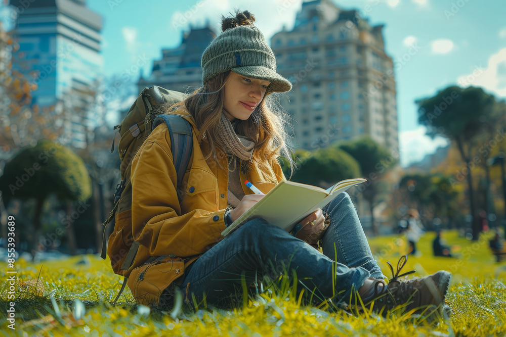 Poster a person sketching in a notebook while sitting in a park. concept of creativity and peacefulness. ge