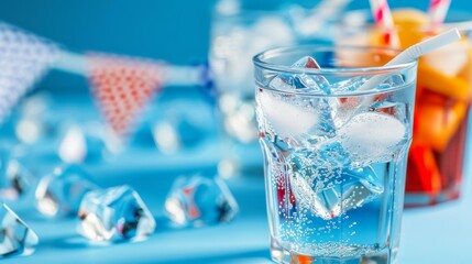 A glass of water with ice cubes in it. Tropical summer concept