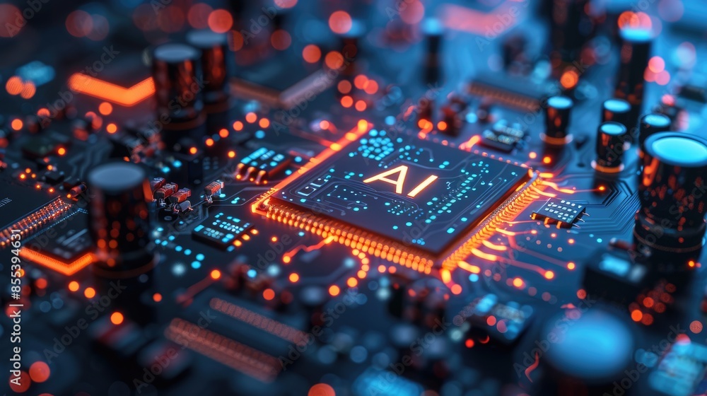 Poster artificial intelligence and ai technology concept processor chip or mother board background llms