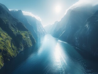 Aerial view of the Milford Sound with its dramatic cliffs and fjord in New Zealand  