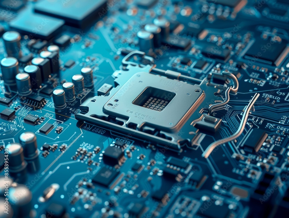 Poster secure connection or cybersecurity service concept of compute motherboard closeup and safety lock wi