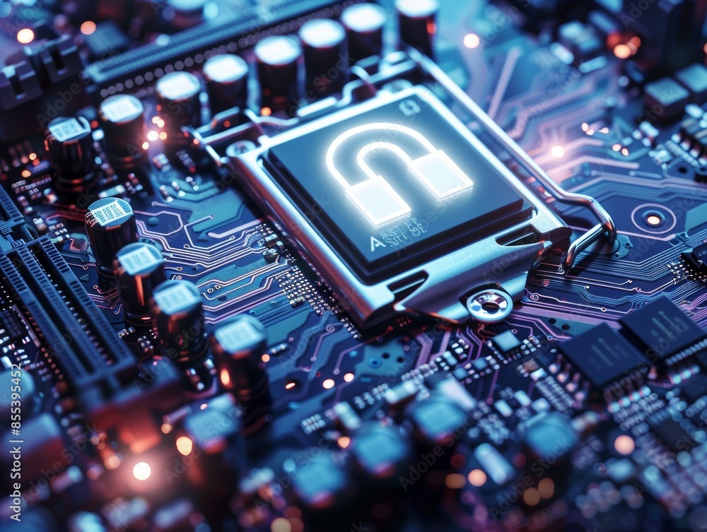 Poster secure connection or cybersecurity service concept of compute motherboard closeup and safety lock wi