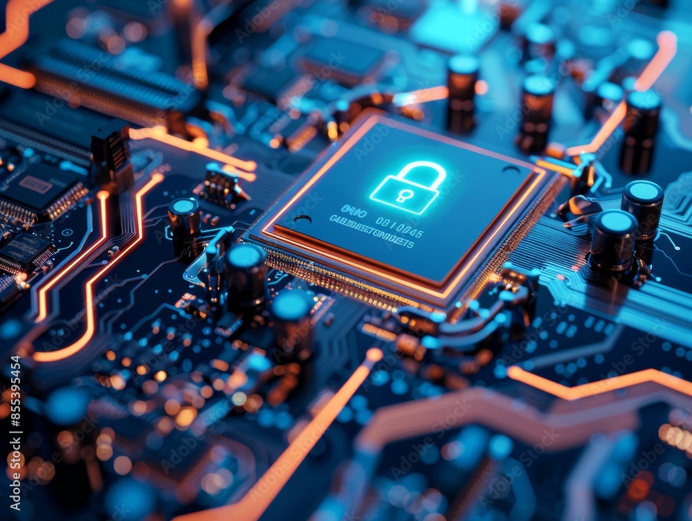 Poster secure connection or cybersecurity service concept of compute motherboard closeup and safety lock wi