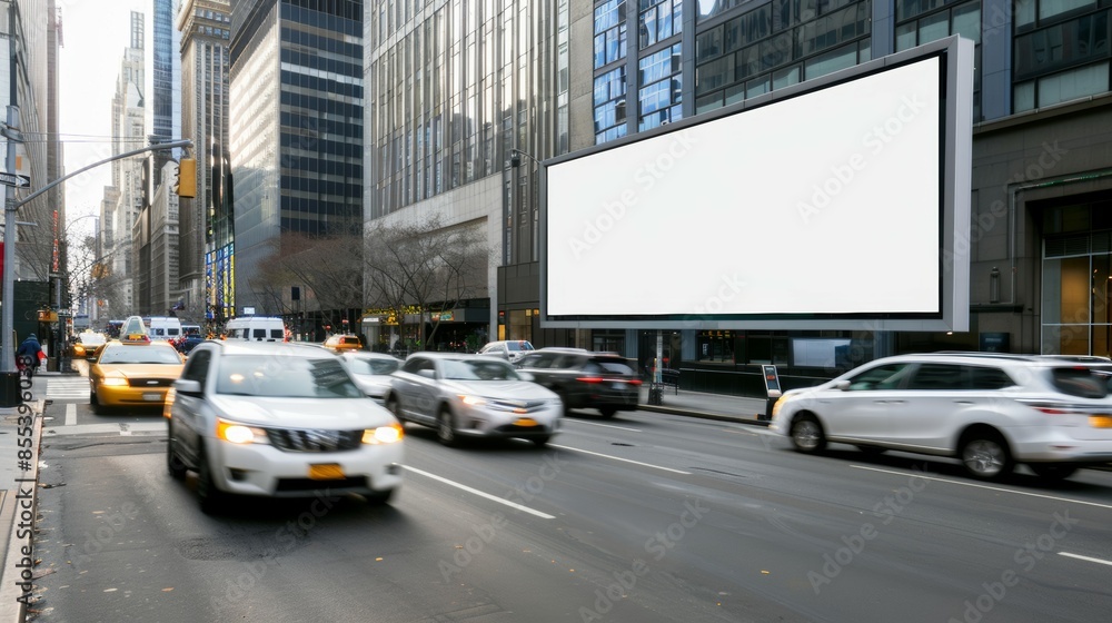 Wall mural A busy city street with a large white billboard in the background, mockup advertising space