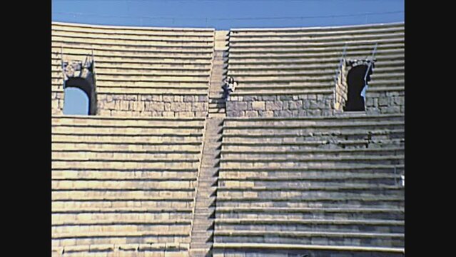 Caesarea Maritima, ISRAEL - CIRCA 1979: Roman Amphitheatre of Caesarea town located in Caesarea National Park, built by Herod king. Historical archival footage in the 1970s of Israeli national park.