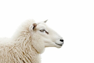 Obraz premium Portrait of a sheep with white coat, standing in profile on white background.