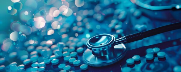 Close-up of stethoscope on blue toned medicine medication, with bokeh effect. Healthcare and medical concept