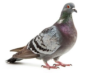 Obraz premium Portrait of a pigeon with grey feathers on a white background, standing in profile.