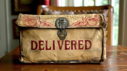 Small envelope package with  delivered  text on table for efficient delivery confirmation