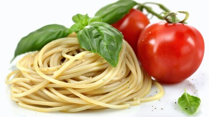 Delicious single serving of spaghetti with fresh tomatoes and basil on a clean white background