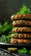Stack of vegetarian cutlets garnished with fresh herbs, close-up shot. Healthy food and vegan lifestyle concept