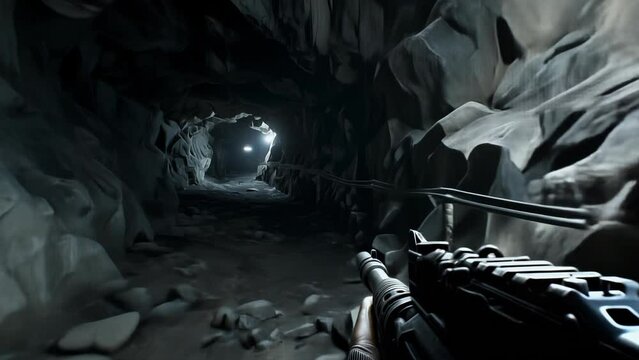 Dark cave illuminated by a tactical flashlight, with rocky walls and a sense of adventure.	