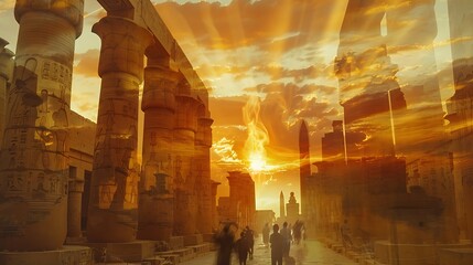 Mystical Egypt: Double Exposure of Karnak Temple and Divine Gods