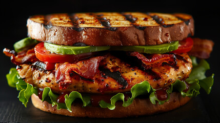 A photo realistic grilled chicken sandwich with avocado
