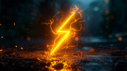 A vivid, glowing lightning bolt symbol in bright orange emits sparks and electrical energy, set against a wet urban ground with a bokeh effect of city lights in the background, creating a dynamic and 