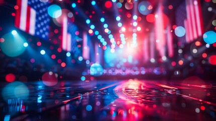 Concert stage with American flags close up, festivities theme, vibrant, double exposure, outdoor venue