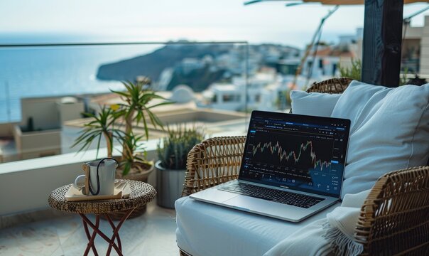 Stock chart on laptop screen in luxury apartment with rooftop view in Greece